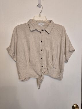 She + Sky Natural Beige Tie-Front, Linen Blend, Button Down Shirt